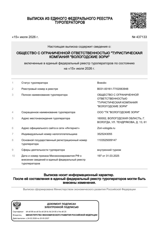 Первая страница выписки из реестра туроператоров